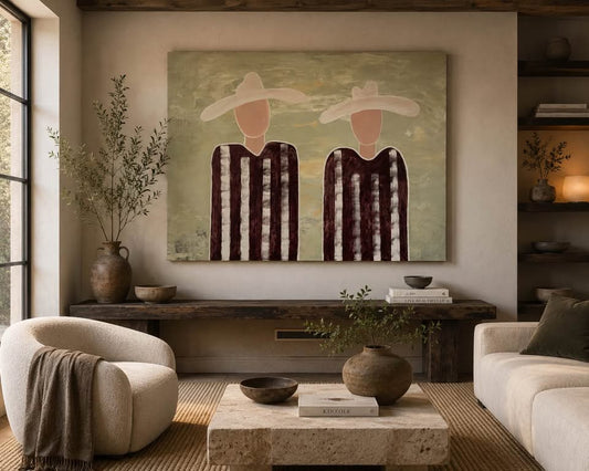 Two Figures in Oversized Hats — 68×48