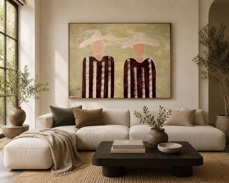 Two Figures in Oversized Hats — 68×48