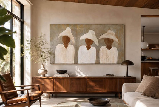 Three Figures in Sculptural White Hats — 30×60