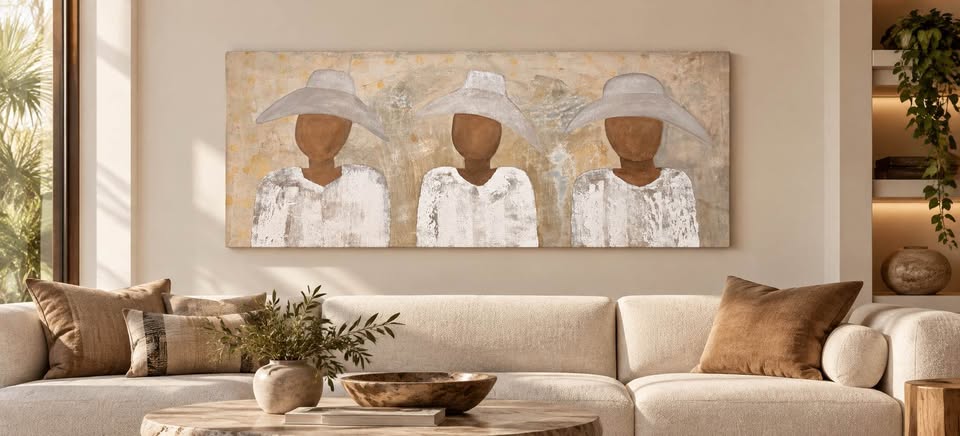 Three Figures in Wide-Brim Hats — 55×25